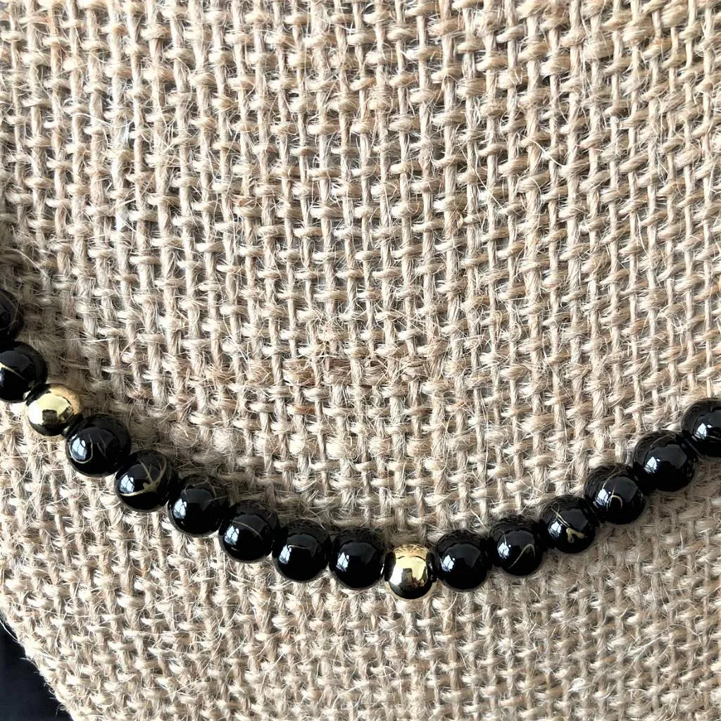 Black and Gold Striped Beaded Mens Necklace