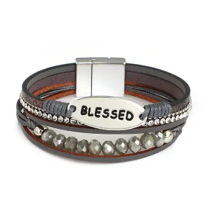 'Blessed' Charm Cuff Bracelet - grey