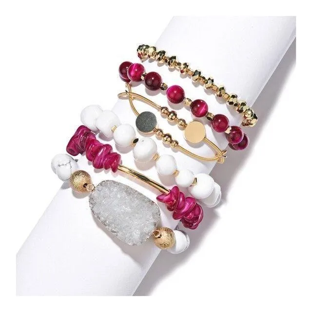 Bracelet Charm Jewelry Set Multi Layer Natural Stone Set Quartz Druzy Crystal Beads Bracelet