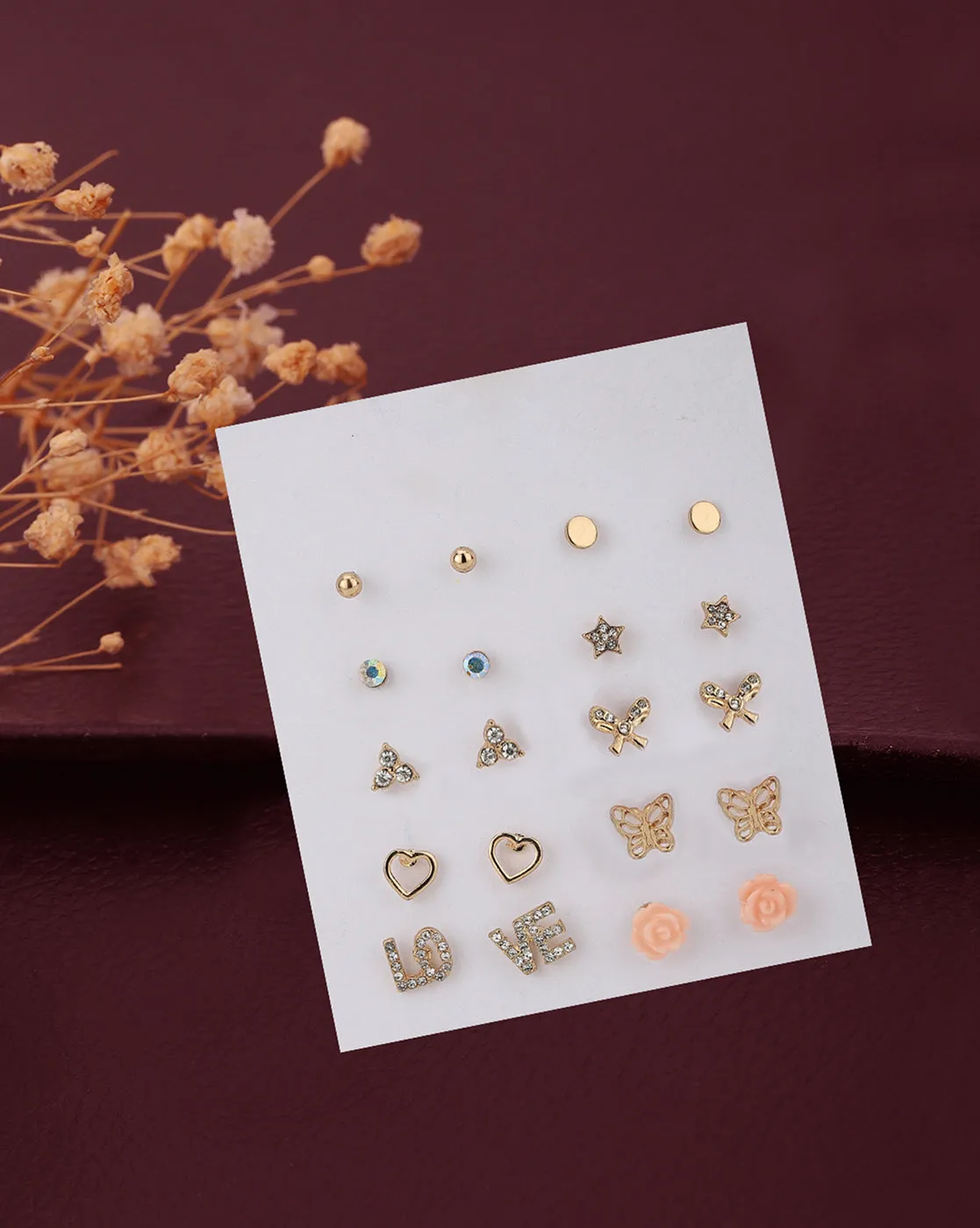 Carlton London Set Of 10 Gold Plated Contemporary Studs Earrings For Women