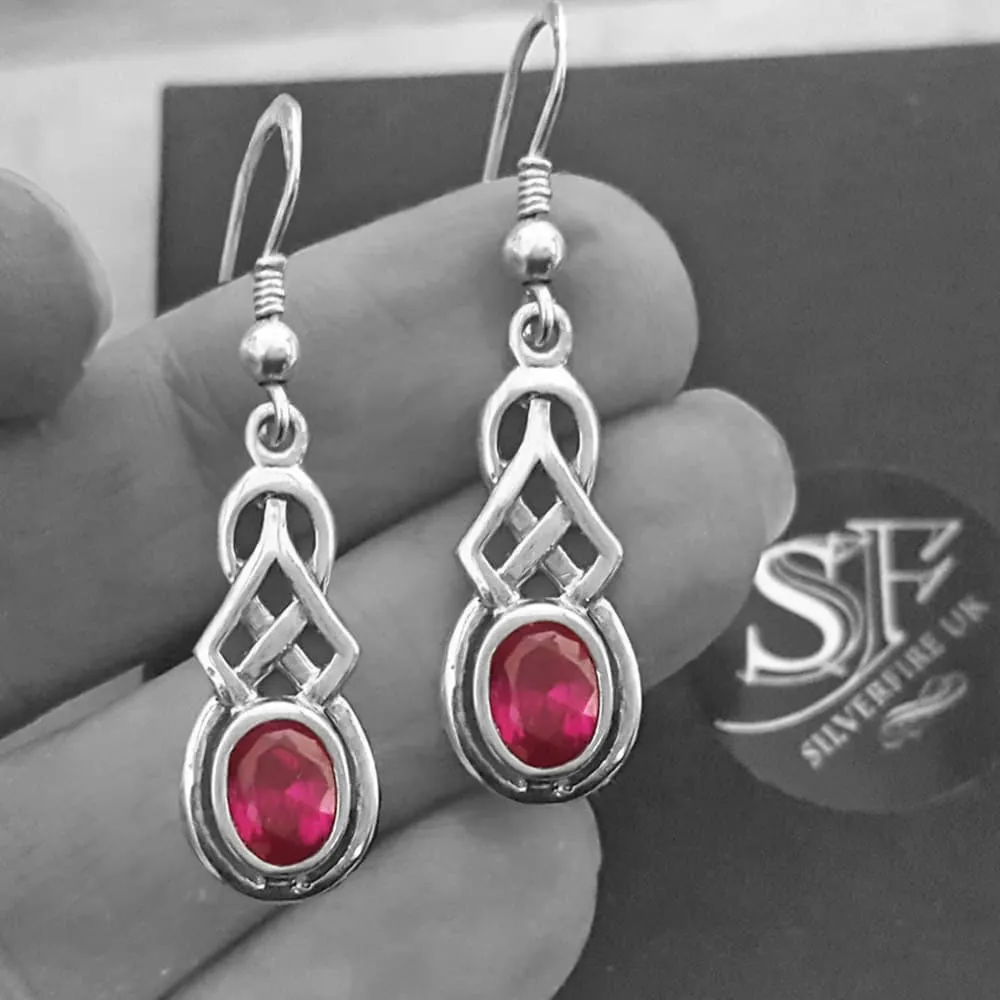 Celtic Dangle Earrings With Created Ruby, Sterling Silver