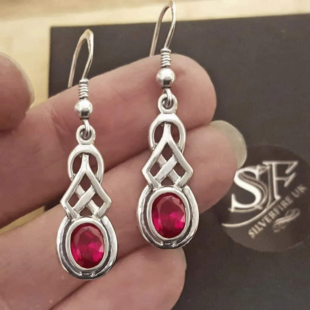 Celtic Dangle Earrings With Created Ruby, Sterling Silver