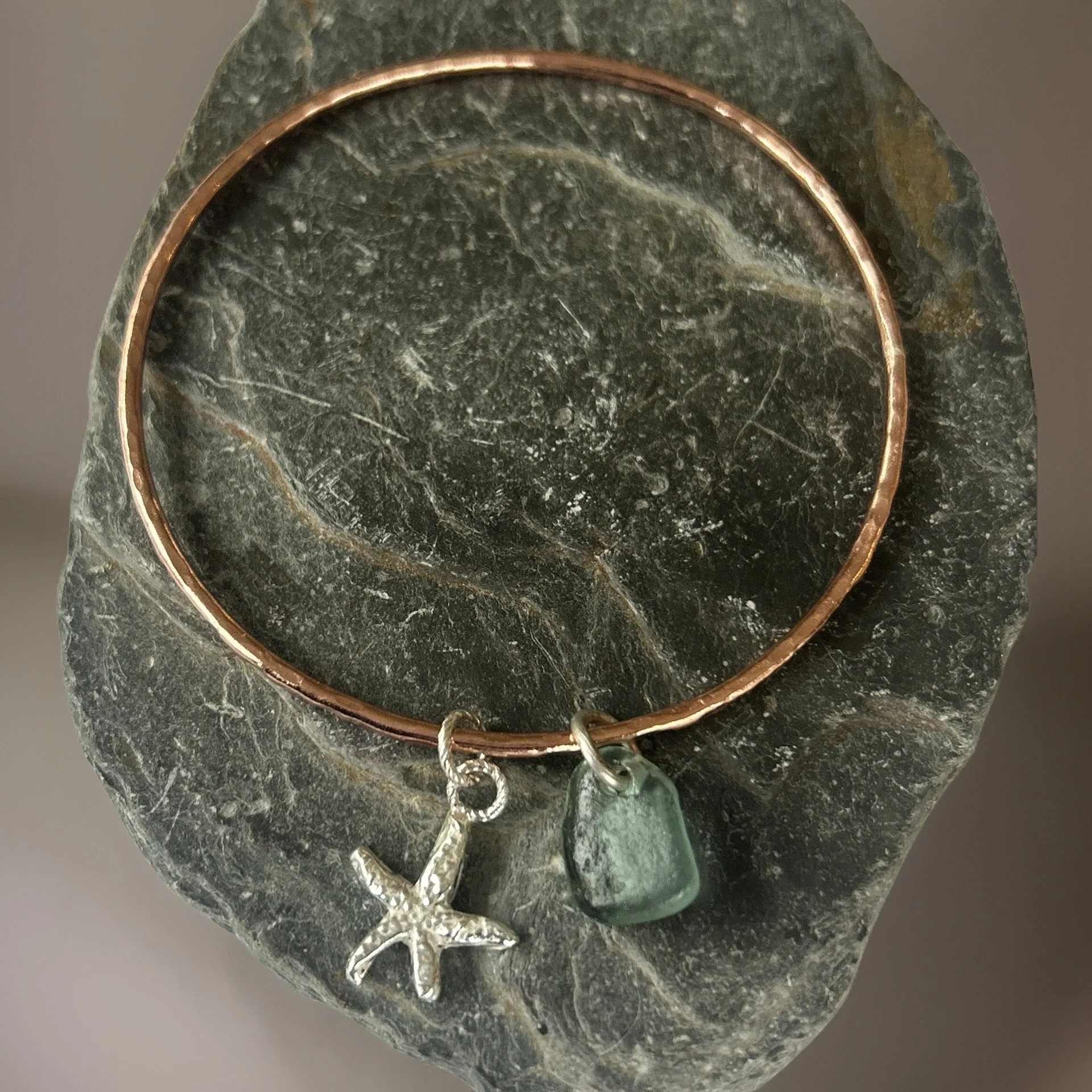 Copper Bangle with Charm and Sea Glass