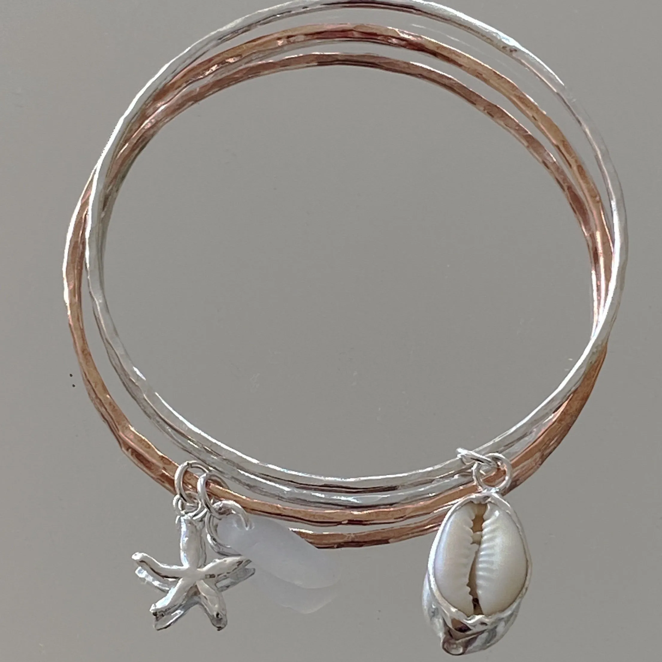 Copper Bangle with Charm and Sea Glass