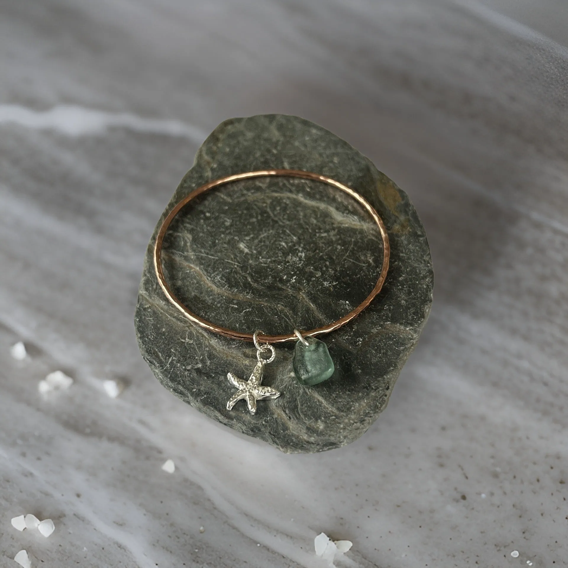 Copper Bangle with Charm and Sea Glass