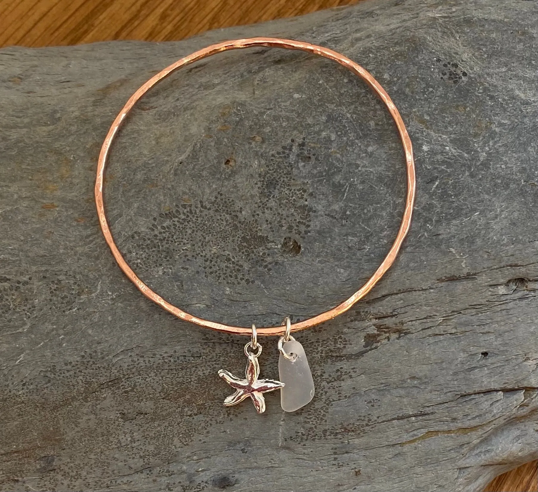 Copper Bangle with Charm and Sea Glass