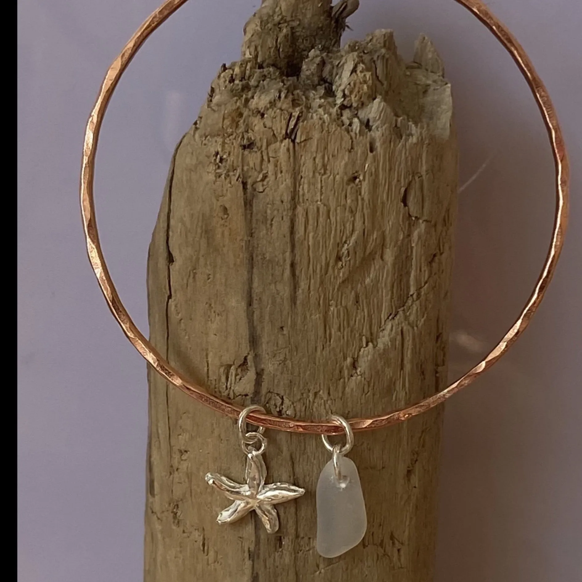 Copper Bangle with Charm and Sea Glass