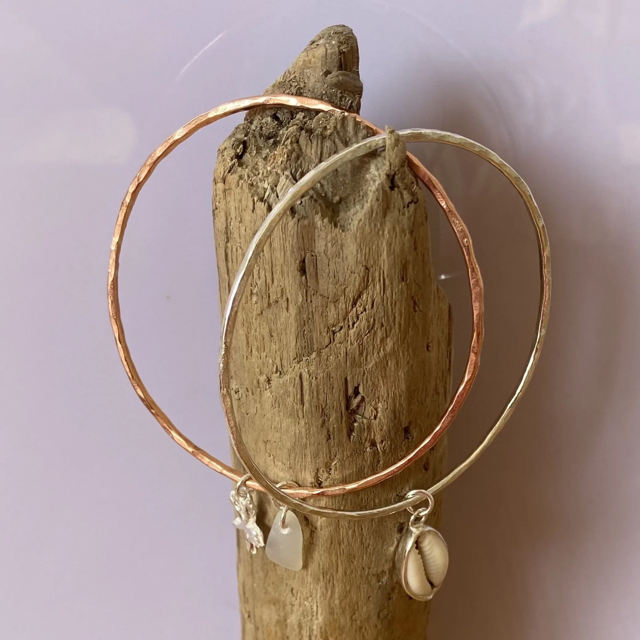 Copper Bangle with Charm and Sea Glass