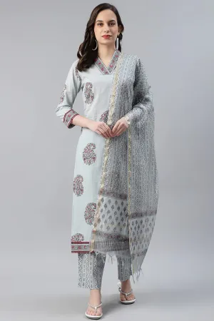 Cotton Grey Paisley Printed Straight Kurta Palazzo Dupatta Set