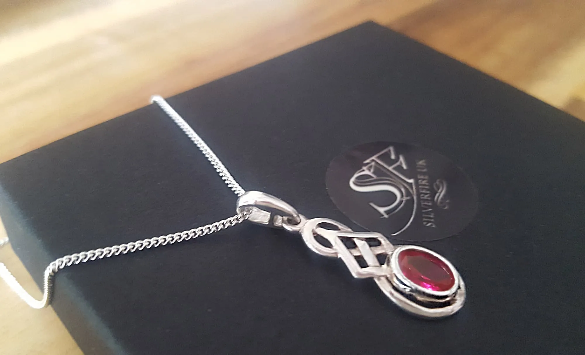 Created Ruby Silver Necklace With Celtic Knots, July Birthstone