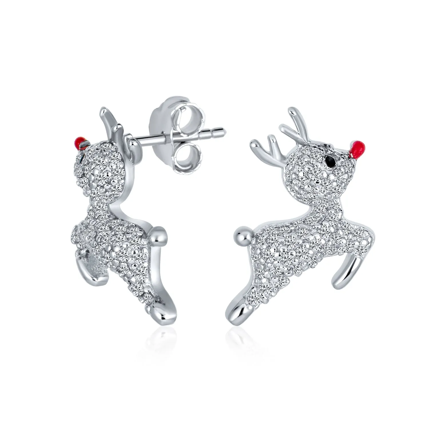 Delicate CZ Stud Earrings: Sterling Silver Rudolph Reindeer with Red Nose