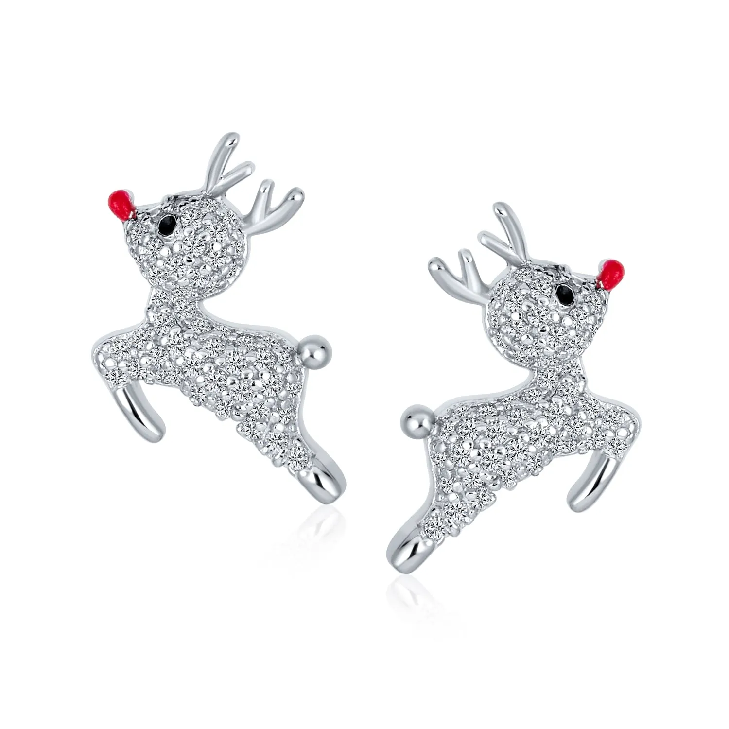 Delicate CZ Stud Earrings: Sterling Silver Rudolph Reindeer with Red Nose