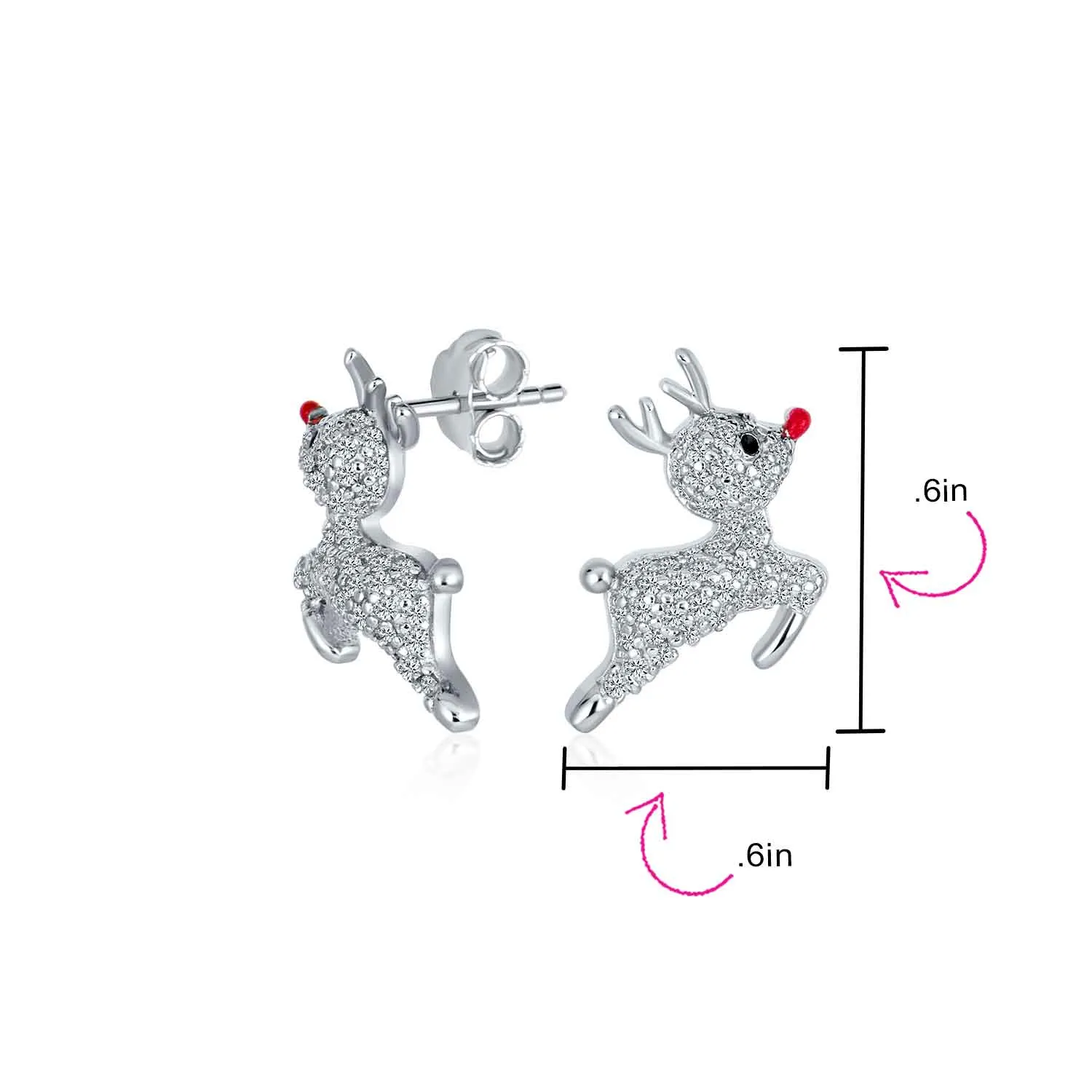 Delicate CZ Stud Earrings: Sterling Silver Rudolph Reindeer with Red Nose