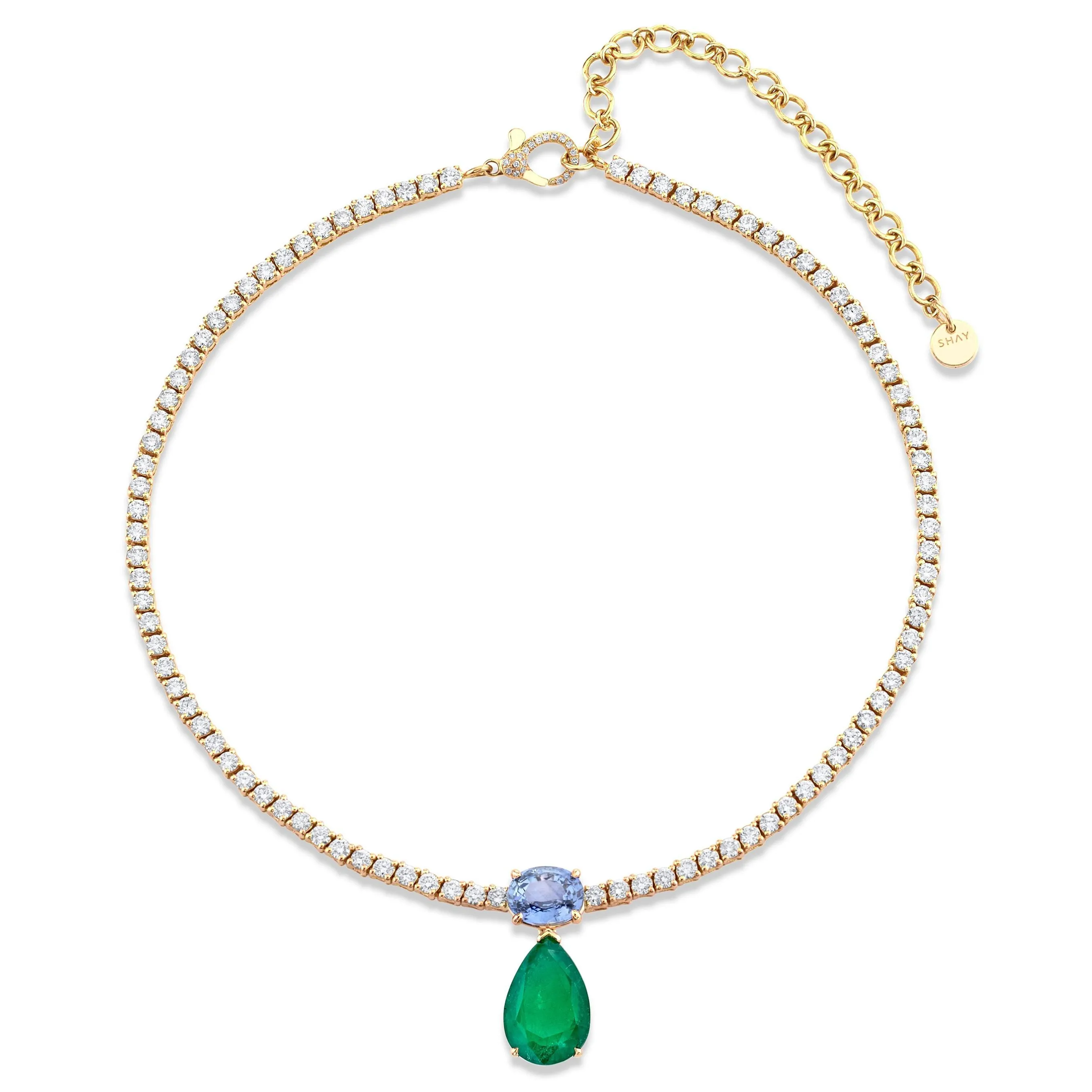 DIAMOND TENNIS NECKLACE WITH EMERALD & BLUE SAPPHIRE DROP