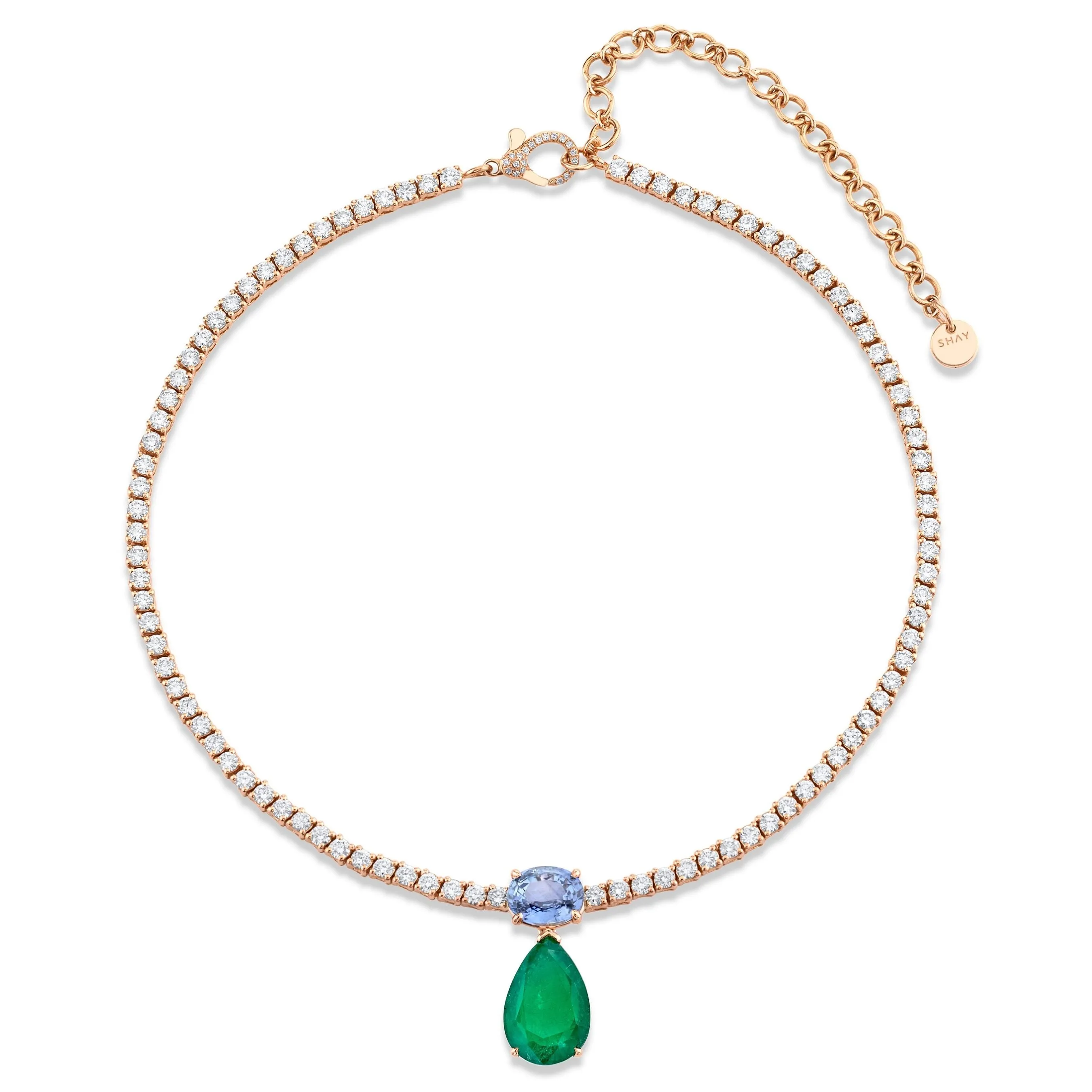 DIAMOND TENNIS NECKLACE WITH EMERALD & BLUE SAPPHIRE DROP