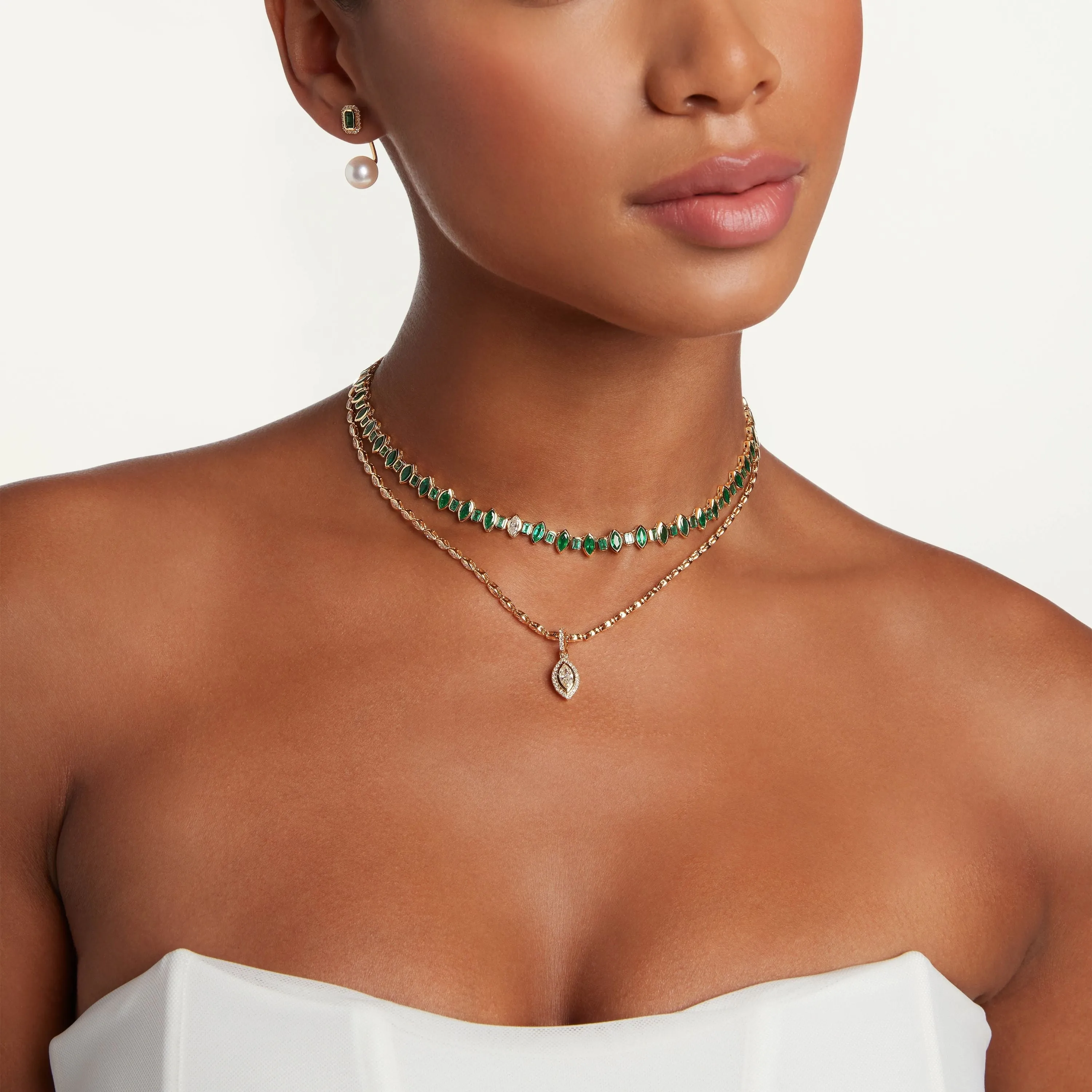 EMERALD & DIAMOND HALO MARQUISE CLIP DROP NECKLACE