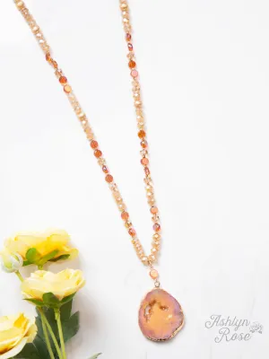 Glittering Geode Beaded Necklace with Stone Pendant, Champagne