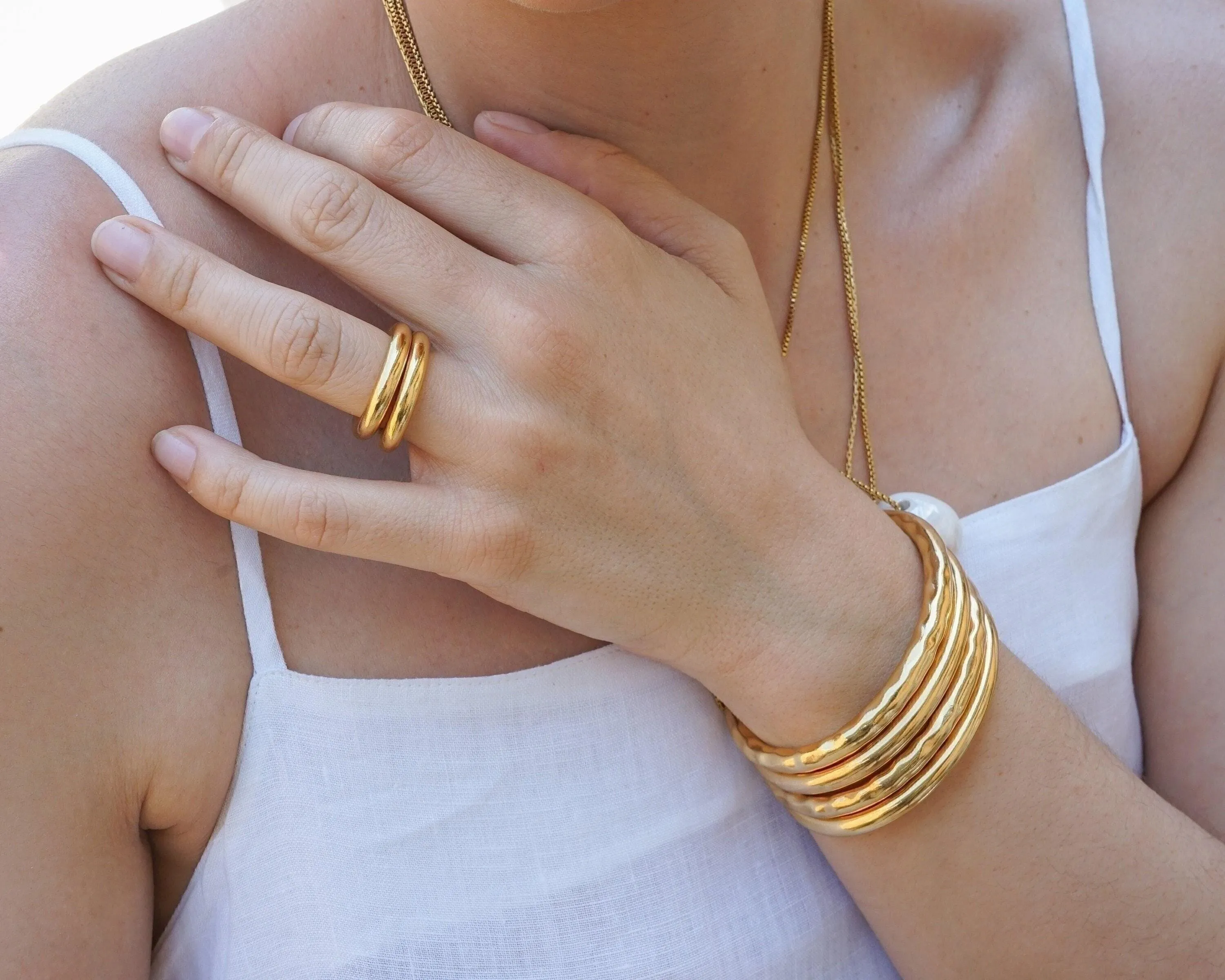 Gold Thick HammeredSimple Shiny Bold Cuff Bracelet