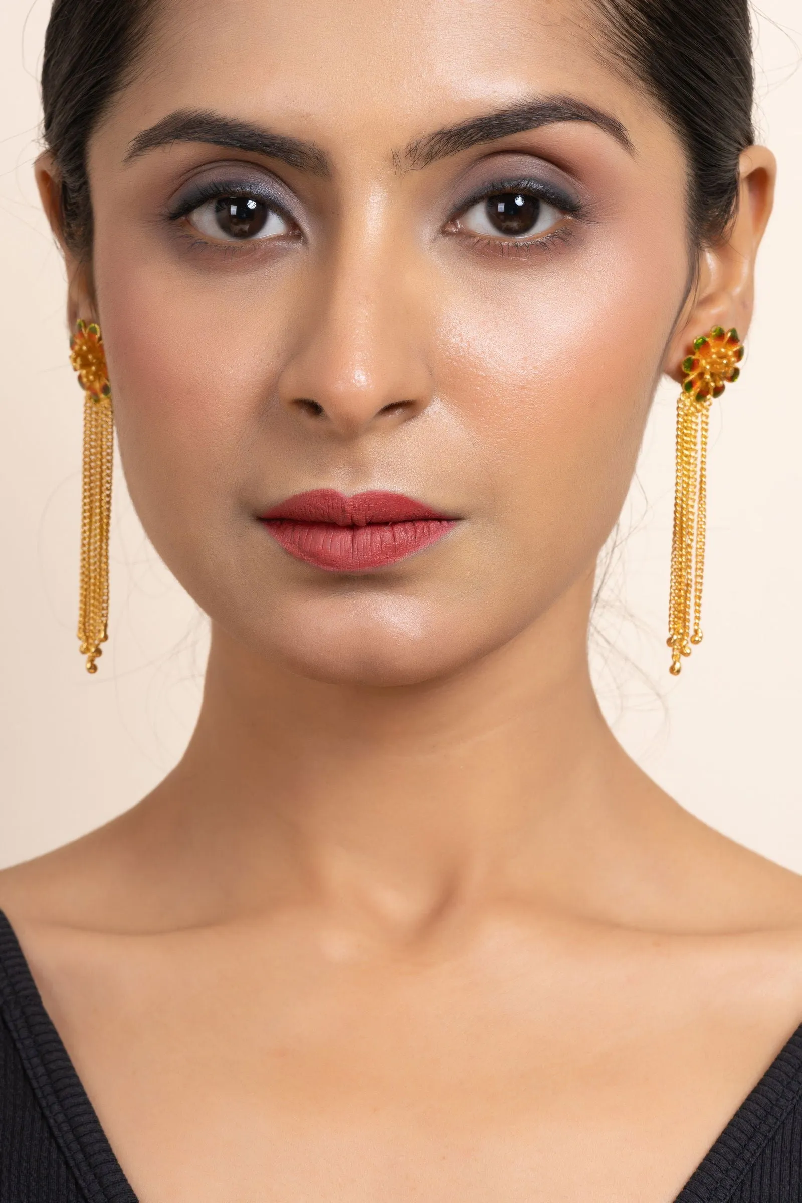 Green and Orange Meena Gold Plated Flower Stud Earrings with Chains - Copper Jewelry