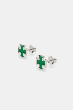 Green Enamel Polished Cross Stud Earrings - 8mm