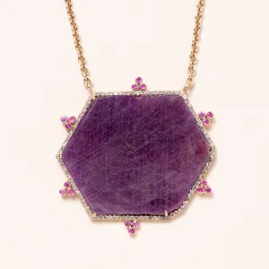 Hexagon Raw Ruby Slice and Pink Sapphire Point Necklace