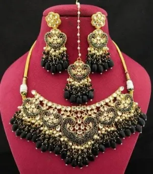 Kundan painting necklace with earrings (black)