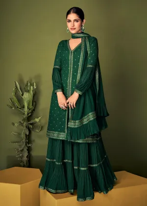 Luminous Dark Green Georgette Function Wear Palazzo Suit