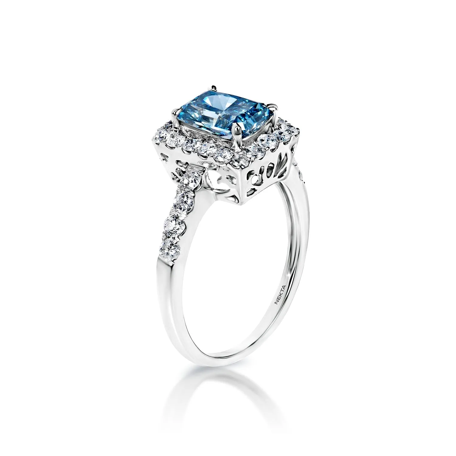 LYDIA 2 Carat Fancy Vivid Greenish Blue VS1 Radiant Cut Lab Grown Diamond Engagement Ring in 14k White Gold. IGI Certified