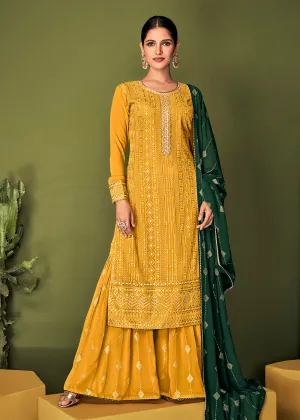 Magnificent Canary Yellow Georgette Function Wear Palazzo Suit