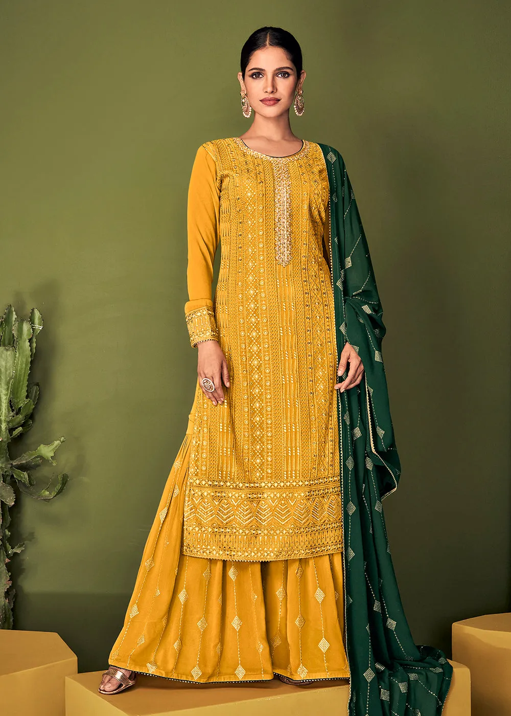 Magnificent Canary Yellow Georgette Function Wear Palazzo Suit