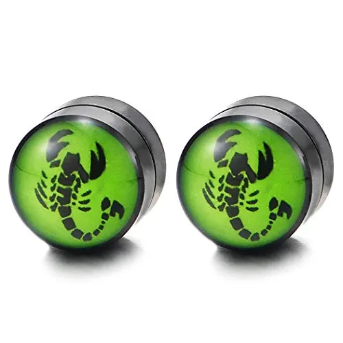 Men Women Magnetic Black Green Circle Stud Earring with Scorpion Non-Piercing Clip On Fake Ear Plug