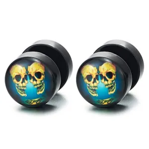 Men Womens Black Circle Stud Earrings with Yellow Blue Skulls, Steel Cheater Fake Ear Plugs Gauges