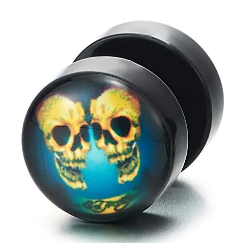 Men Womens Black Circle Stud Earrings with Yellow Blue Skulls, Steel Cheater Fake Ear Plugs Gauges