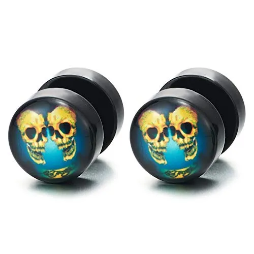 Men Womens Black Circle Stud Earrings with Yellow Blue Skulls, Steel Cheater Fake Ear Plugs Gauges