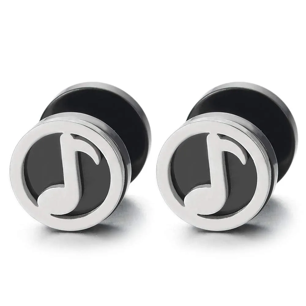 Mens Womens Sliver Black Music Sign Quaver Circle Stud Earrings, Steel Cheater Fake Ear Plugs Gauges