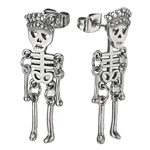 Mens Womens Stainless Steel Black Crown Skull Skeleton Bone Stud Earrings Drop Dangle, 2Pcs