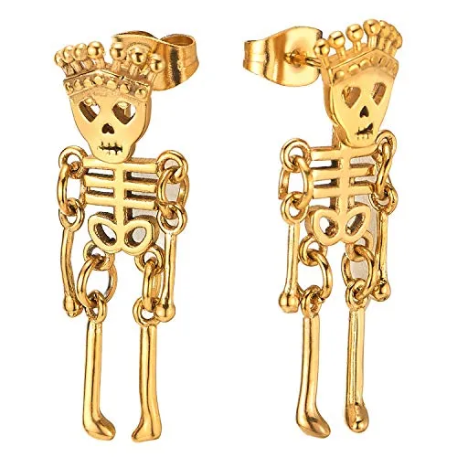 Mens Womens Stainless Steel Black Crown Skull Skeleton Bone Stud Earrings Drop Dangle, 2Pcs