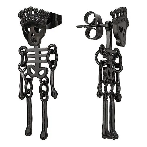 Mens Womens Stainless Steel Black Crown Skull Skeleton Bone Stud Earrings Drop Dangle, 2Pcs