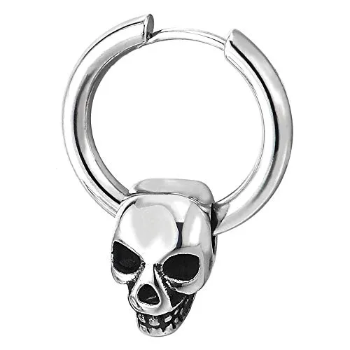 Mens Womens Stainless Steel Circle Huggie Hinged Hoop Earrings Dangle with Vintage Skull Charms 2pcs