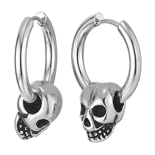 Mens Womens Stainless Steel Circle Huggie Hinged Hoop Earrings Dangle with Vintage Skull Charms 2pcs