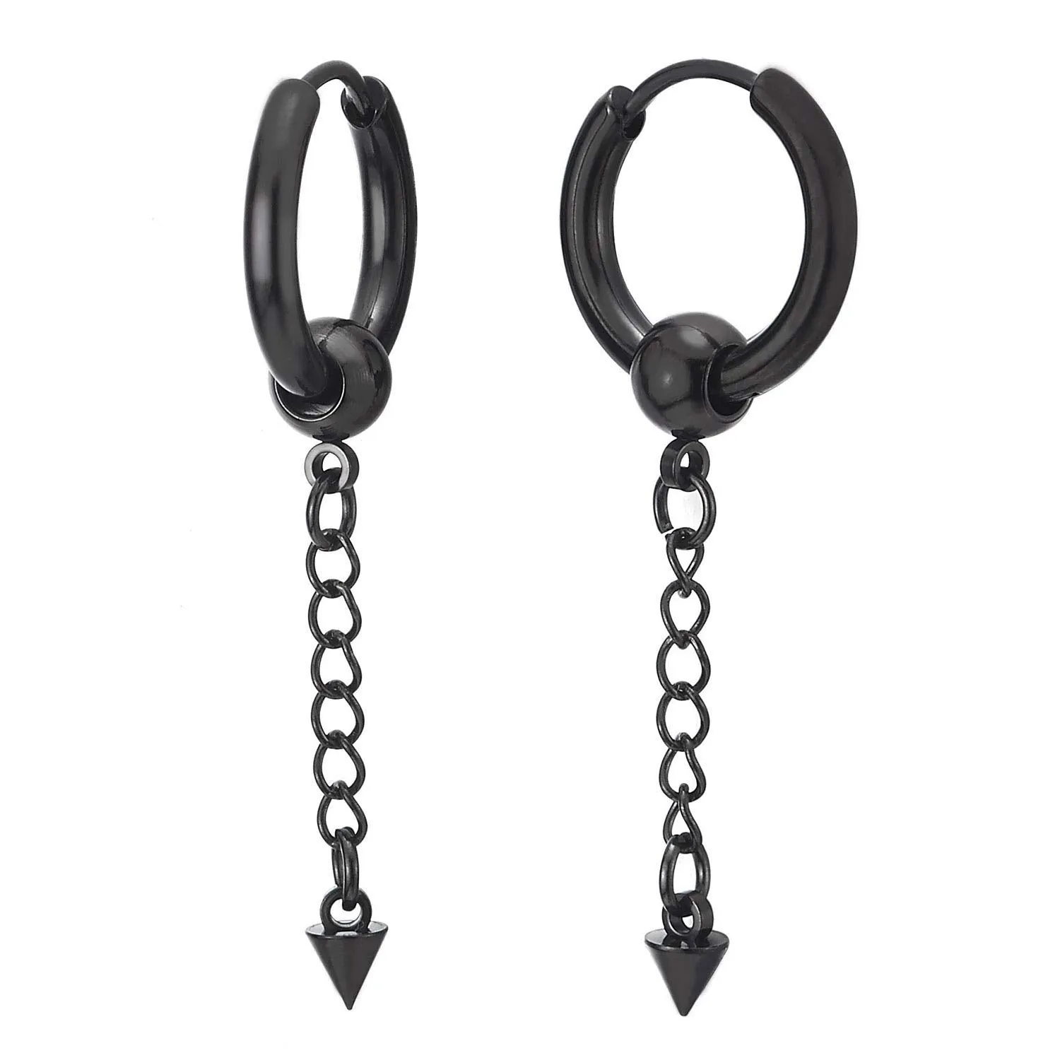 Mens Womens Stainless Steel Long Chain Spike Huggie Hinged Hoop Earrings Drop Dangle, 2 pcs