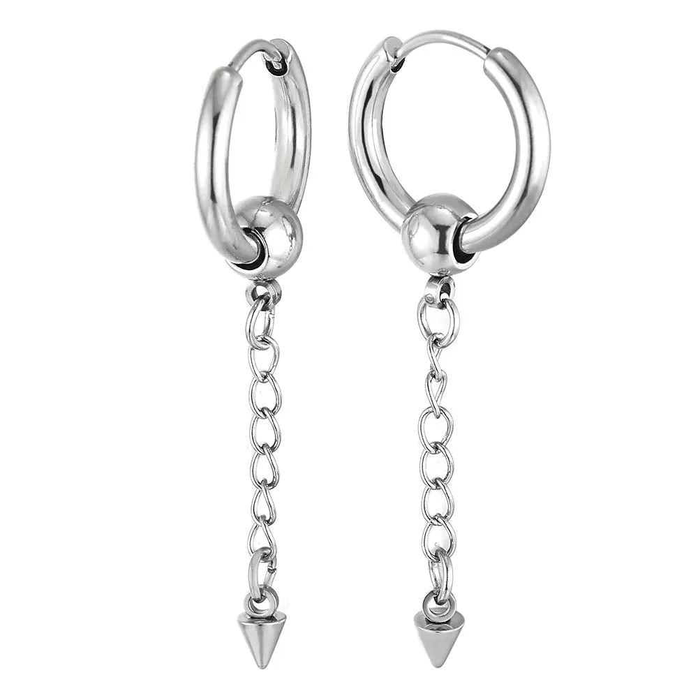 Mens Womens Stainless Steel Long Chain Spike Huggie Hinged Hoop Earrings Drop Dangle, 2 pcs