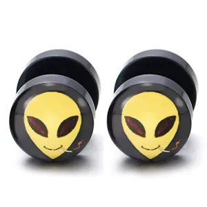 Mens Womens Yellow Smoking Alien Black Circle Stud Earrings, Steel Cheater Fake Ear Plugs Gauges