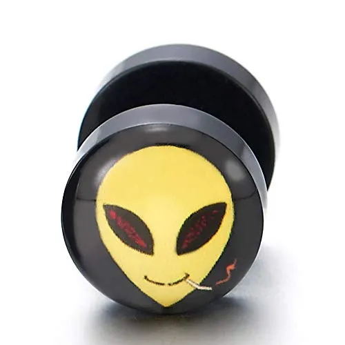 Mens Womens Yellow Smoking Alien Black Circle Stud Earrings, Steel Cheater Fake Ear Plugs Gauges