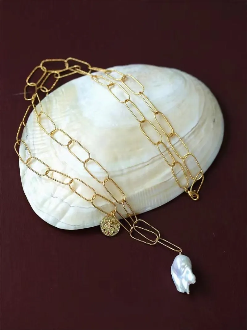 Metal Thick Chain Baroque Pearl Pendant Necklace