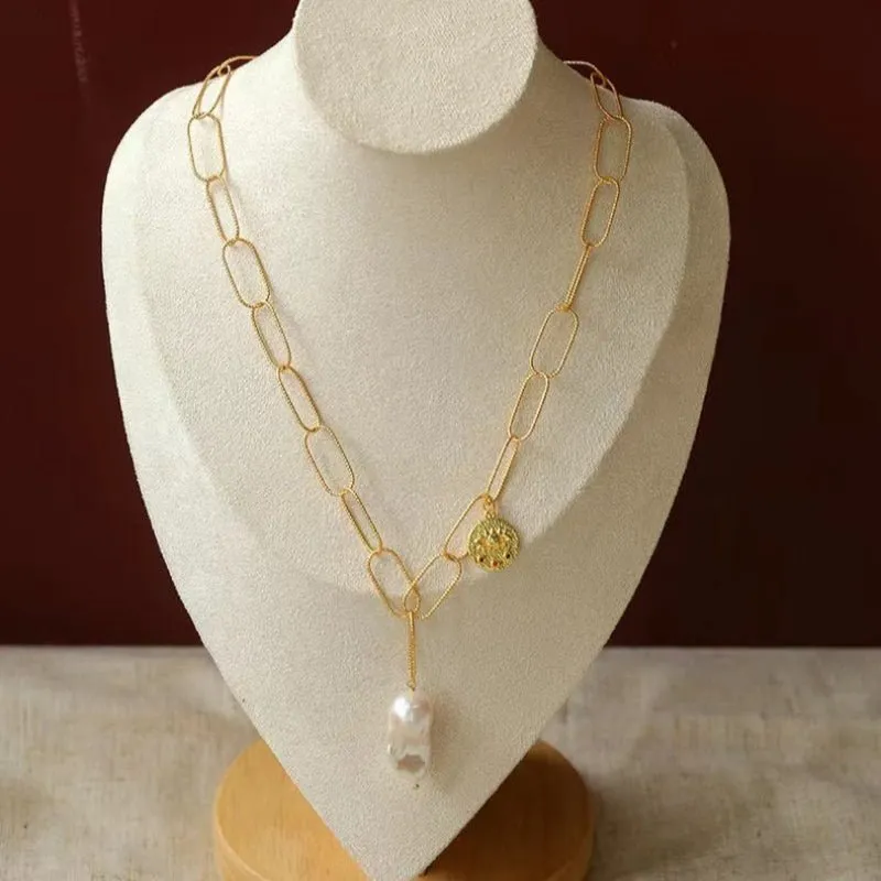 Metal Thick Chain Baroque Pearl Pendant Necklace