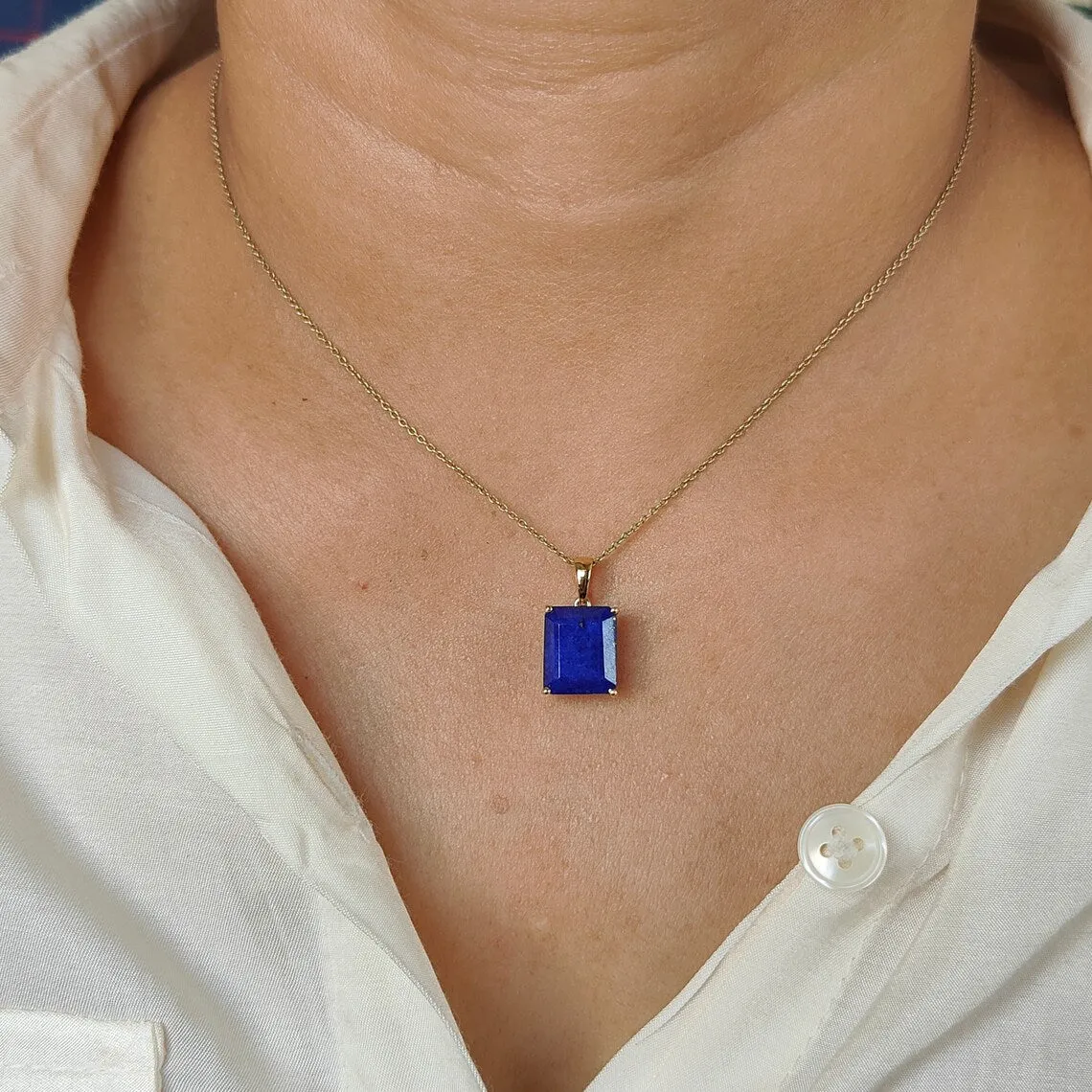 Natural Emerald Cut Lapis Lazuli Simple Prong Set Pendant -  14k Gold Vermeil Pendants