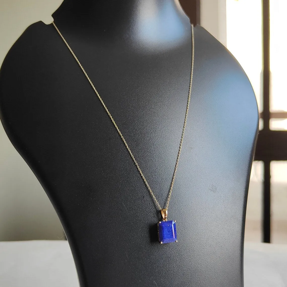 Natural Emerald Cut Lapis Lazuli Simple Prong Set Pendant -  14k Gold Vermeil Pendants