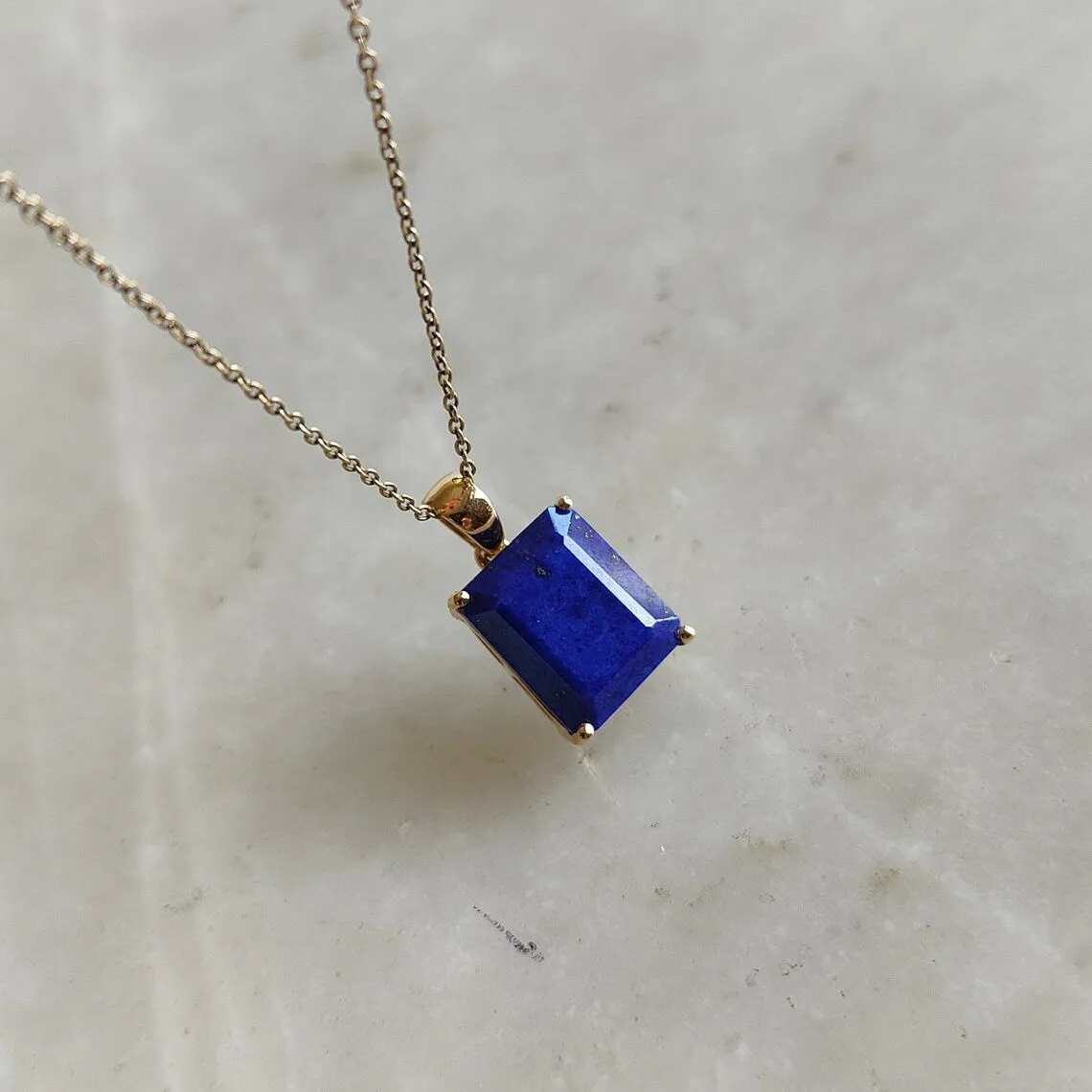 Natural Emerald Cut Lapis Lazuli Simple Prong Set Pendant -  14k Gold Vermeil Pendants