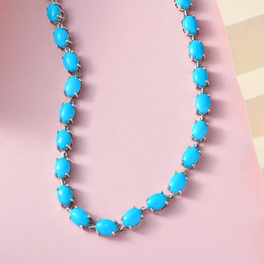 Natural Oval Cut Sleeping Beauty Turquoise Tennis Necklace For Women - 925 Sterling Silver Necklace